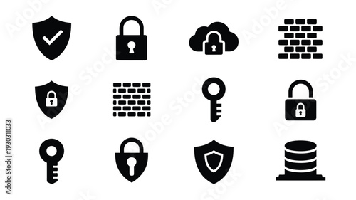 Graphic design featuring twelve icons related to security and protection including locks shields and keys on white background