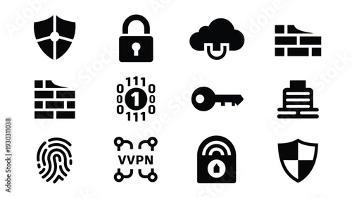 Collection of black cybersecurity and data protection icons including locks shields keys and encryption symbols on white background for secure communication and digital safety