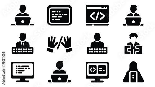 Collection of black and white coding and development icons featuring people working on computers and laptops with various programming and coding symbols on screens