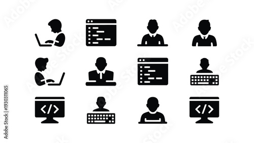 Black and white vector illustration of people working on computers and coding featuring silhouettes of developers and programmers in various work settings