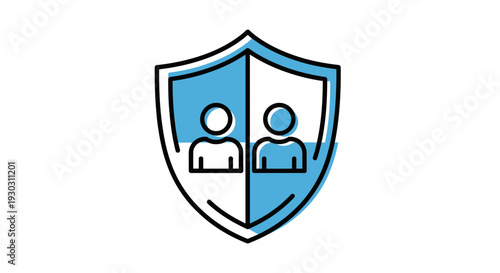 Shield with two people icons, symbolizing security, protection, and teamwork