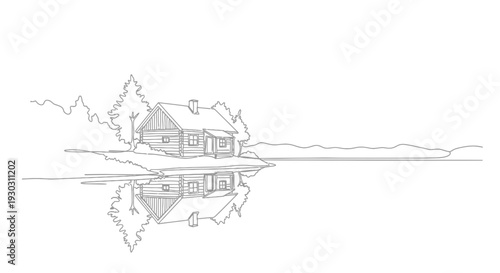 Serene Log Cabin Reflection on Calm Lake at Dawn, Minimalist Line Art