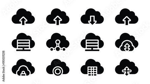 Clean infographic design showcasing 12 cloud computing icons with various symbols and white background for technology and data storage concepts