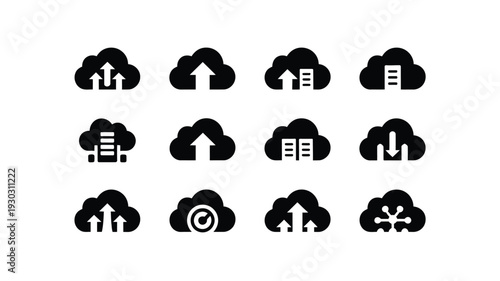 Cloud computing icons set with upload download and sync symbols in black and white technology and data storage vector graphics
