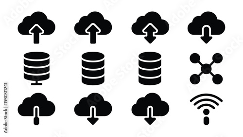 Graphic design featuring twelve icons for cloud computing data storage and network connectivity on white background
