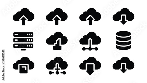 Graphic design featuring twelve cloud and data storage icons for business and technology concepts on white background