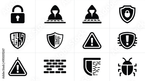 A clean grid layout of 12 minimalist cybersecurity icons including padlocks shields warnings and bugs on a white background for design and technology concepts