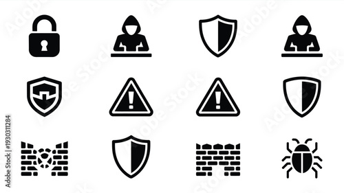 A clean grid layout of twelve black cybersecurity icons on white background for design and technology concepts