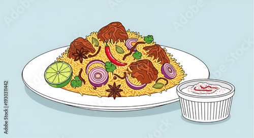 Delicious Spiced Biryani Rice with Meat and Yogurt Dipping Sauce Vector