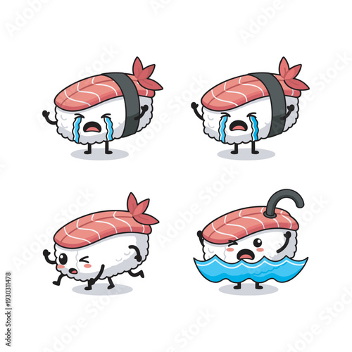 Crying sushi cartoon characters showing different emotions on white background