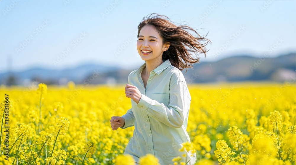 Fototapeta premium 菜の花畑の中を元気よく走る笑顔の女性