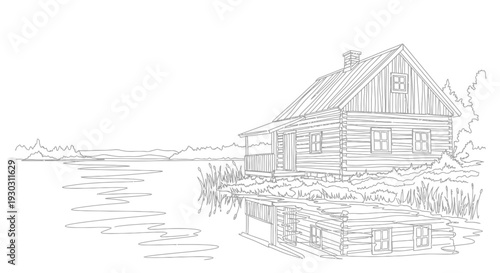 Rustic Log Cabin by Serene Lake at Dawn, Hand-Drawn Sketch Style
