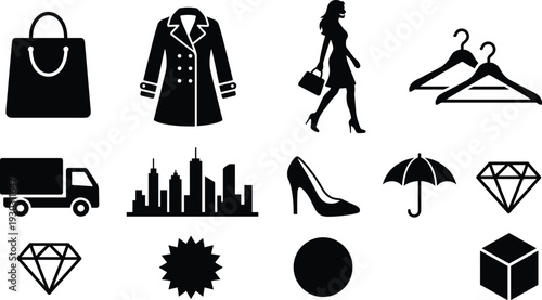 Fashion and shopping icon set, black silhouette retail symbols including bag coat heels city skyline umbrella diamond vector collection