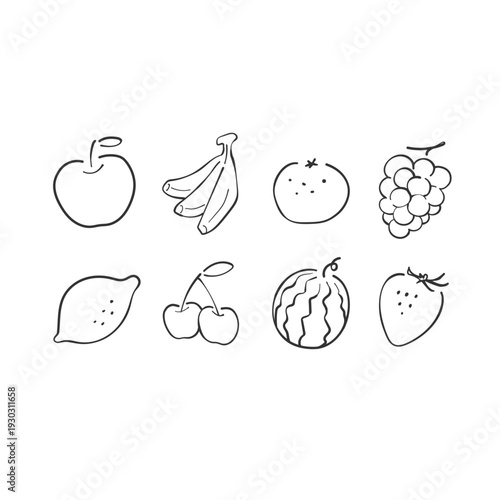 フルーツ,果物のイラストセット素材 手書き風 ベクター素材 モノクロ 線のみ