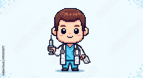 Cute Male Doctor Character with Syringe and Stethoscope Pixel Art