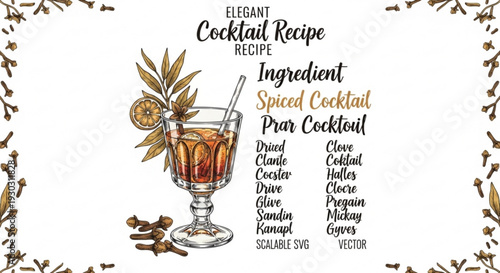 Elegant cocktail recipe illustration with spiced drink and ingredients list on white background with floral border