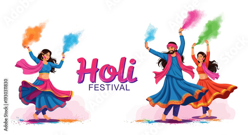 Vibrant illustration of people celebrating Holi Festival of Colors with colored powder and joyful dance moves against a clean white background.