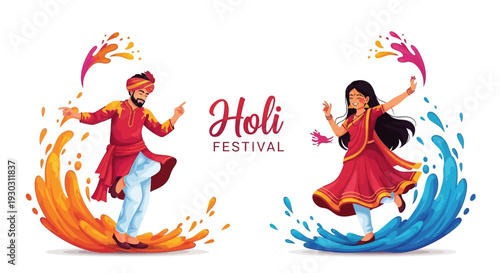 Illustration of a man and woman celebrating Holi Festival of Colors with colored powder and water, traditional Indian Hindu festival, joyful and vibrant scene with spring season theme.