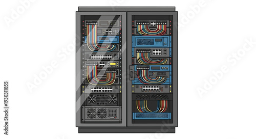 Detailed view of computer server cabinet with colorful cables and internal components