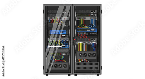 Complex network server cabinet with colorful cables and wires, viewed from the front