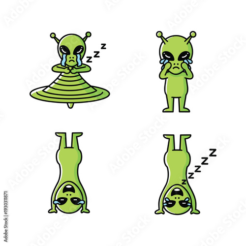 Cartoon alien sleeping in various poses with zzz symbols on white background