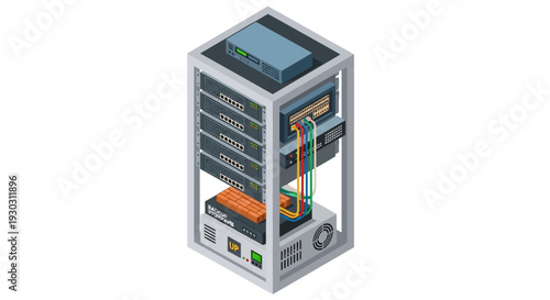 Detailed illustration of a computer server with open panel showing internal components and wiring from a 3D isometric viewpoint