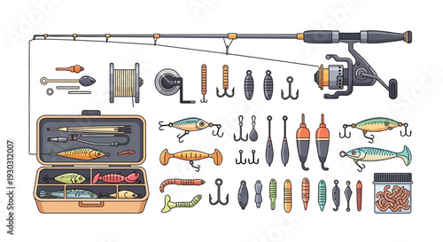 Assorted fishing gear and equipment arranged around a spinning rod in a graphic illustration