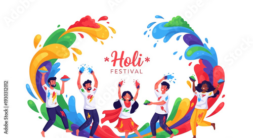 Vibrant illustration of people celebrating Holi Festival of Colors with colored powder and joyful expressions on a white background.