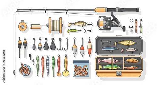 Fishing gear and tackle assortment displayed on white background with various rods, reels, and lures.