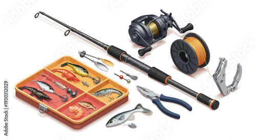 Fishing Gear and Tools Laid Out on a White Background for Outdoor Enthusiasts