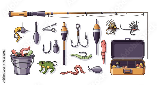 Fishing gear and tackle laid out on a white background with various lures and hooks displayed