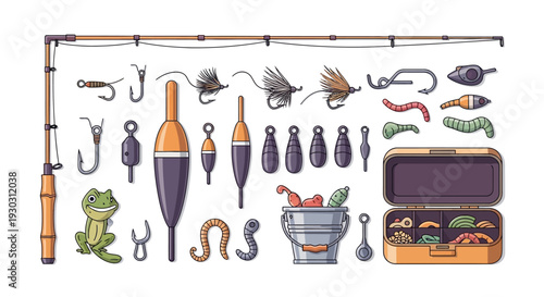 Fishing gear and accessories arranged with tackle box and lures on white background