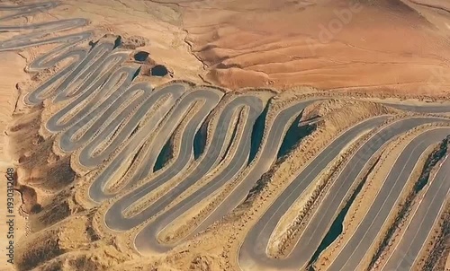 A dramatic mountain road twisting through the Pamir Plateau with countless sharp hairpin turns carved into high Xinjiang terrain.