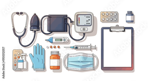 Medical equipment and supplies arranged on a white background, including a stethoscope, blood pressure monitor, syringe, gloves, mask, clipboard, and medication