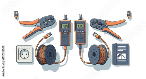 Multimeter and clamp meter devices with cables and connectors on a white background illustrating electrical testing equipment and accessories