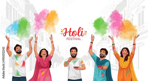 Illustration of four people celebrating Holi Festival of Colors with colored powder in a vibrant and joyful scene.