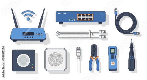 Collection of various networking devices and tools arranged neatly on a white background from a top-down viewpoint