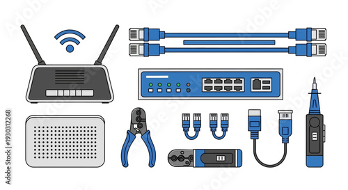 Network devices and cables arranged neatly showcasing various technology components