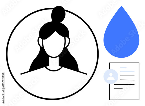 Digital identity verification, user profile, sustainability, data management, ecological , personal documentation. Minimalist woman portrait, ID card blue drop. Identity verification