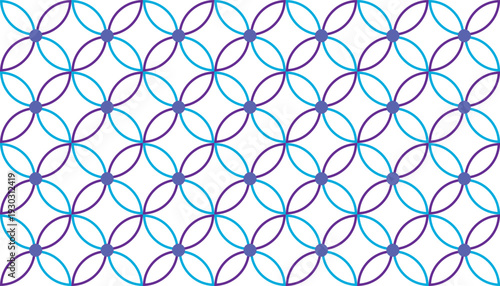 Minimalist floral geometric pattern in blue and purple, seamless abstract background with interlocking petal shapes