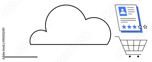 Cloud with digital resume featuring profile photo, ratings in a shopping cart. Ideal for career services, online applications, recruitment, data storage, cloud solutions, digital transformation