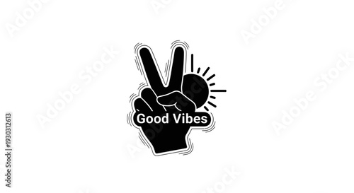 Peace Sign Hand Gesture with "Good Vibes" Text and Sunburst Graphic