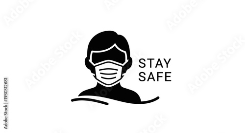 Person wearing face mask with Stay Safe text, Covid-19 prevention, health awareness