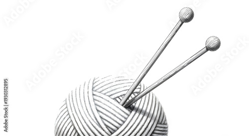 Detailed black and white illustration of a ball of yarn with two knitting needles, representing the craft of knitting.