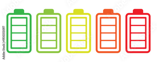 Vector set of battery icons with rectangular blocks showing charge levels from full green to low red. Minimalist flat design for UI/UX, mobile apps, and digital power indicators.