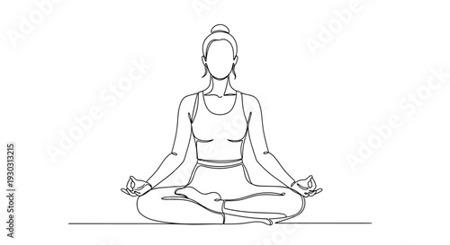 Woman meditating in lotus pose, yoga, mindfulness, healthy lifestyle, continuous line drawing