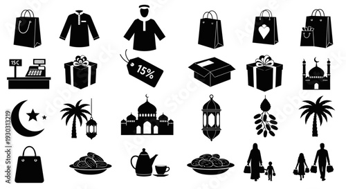 Islamic Eid Celebration Icon Set Featuring Mosque Lantern Crescent Moon Gift and Muslim Religious Festival Symbols for Ramadan Eid Mubarak Greeting Design Collection