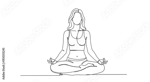 Woman Meditating in Lotus Pose, Yoga, Mindfulness, Serenity, Single Line Drawing