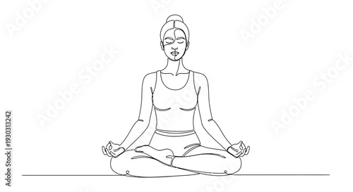 Woman meditating in lotus pose, yoga, mindfulness, relaxation, line art illustration