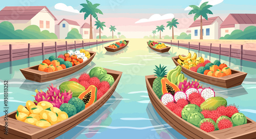 Vibrant cartoon illustration of a bustling floating market in Southeast Asia with boats laden with fresh tropical fruits on a sunny day.